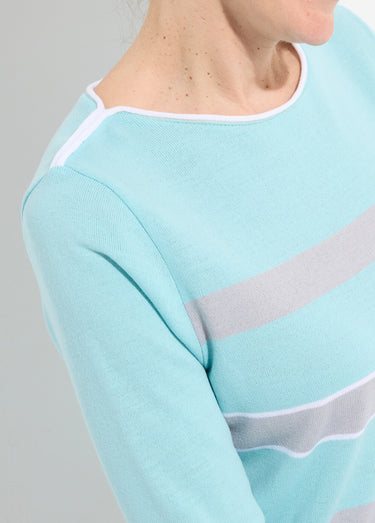 Pull manches 3/4 col bateau jacquard rayé devant Aqua/Gris