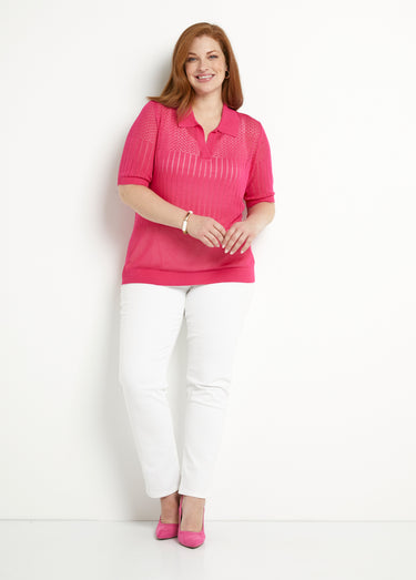Pull fin col polo ajouré manches courtes Fuchsia
