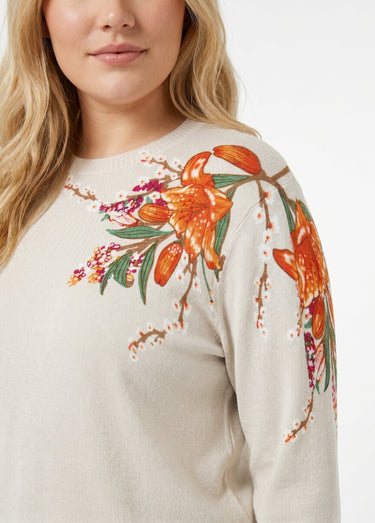 Pull chaud col rond imprimé floral manches longues Beige