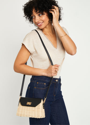 Sac besace bicolore rotin tressé Naturel / Noir