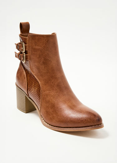 Boots à talon empiècement effet reptile Camel
