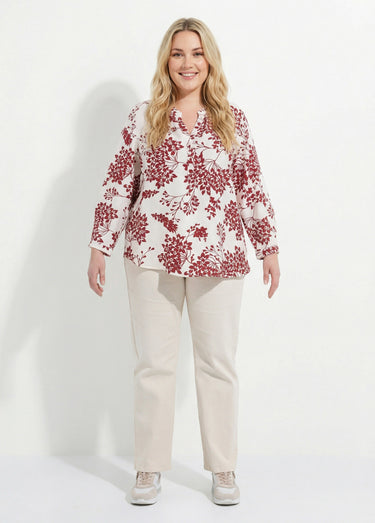 Tunique col tunisien motif hortensias Bordeaux/Ecru