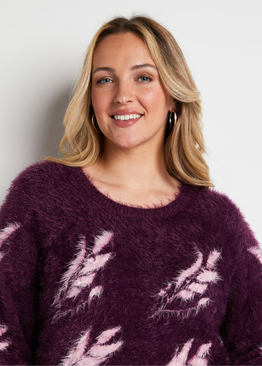 Pull jacquard maille poilue manches longues Cassis/Rose