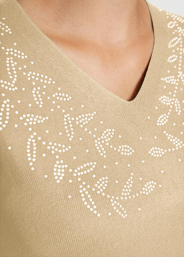 Pull col V strassé manches longues Beige
