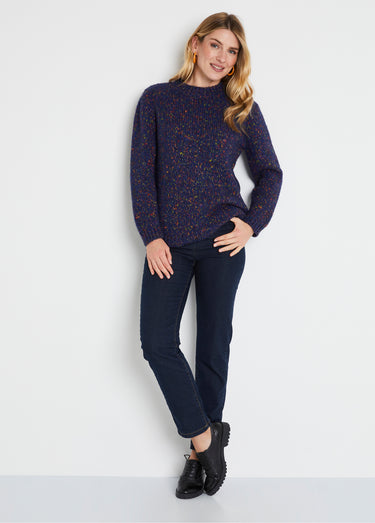 Pull chaud mouliné col rond avec laine et mohair Marine/Fuchsia