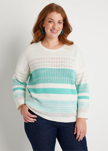 Pull ajouré manches 3/4 coton Aqua