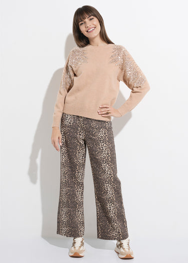 Pull col rond, perles et strass brillants Beige