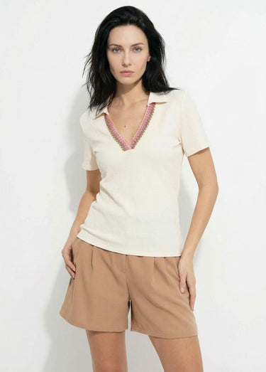 Tunique gaufrée col V fantaisie Beige