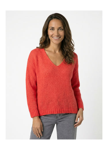Pull chaud col V en maille avec mohair Corail