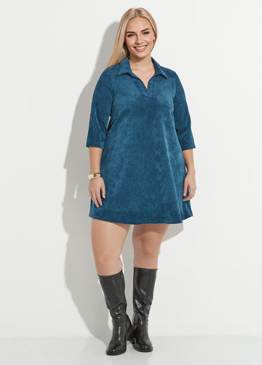 Robe trapèze col V et velours milleraies Emeraude