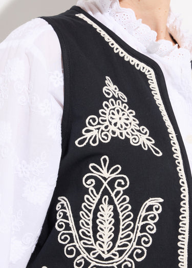 Gilet brodé sans manches toile coton Noir/Ecru