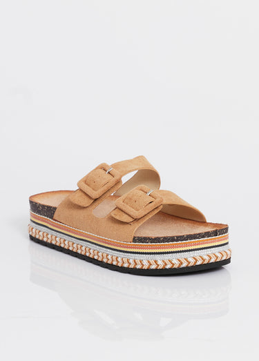 Mules compensées fantaisie à boucles Camel