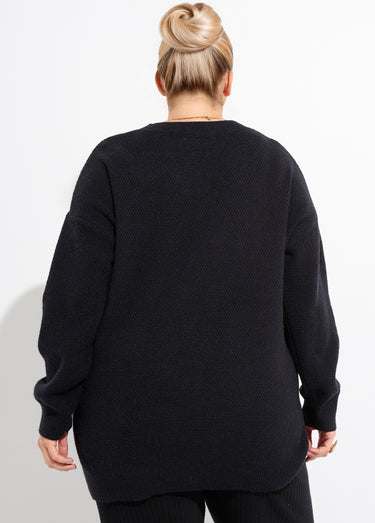 Pull tunique maille fantaisie, col V Noir