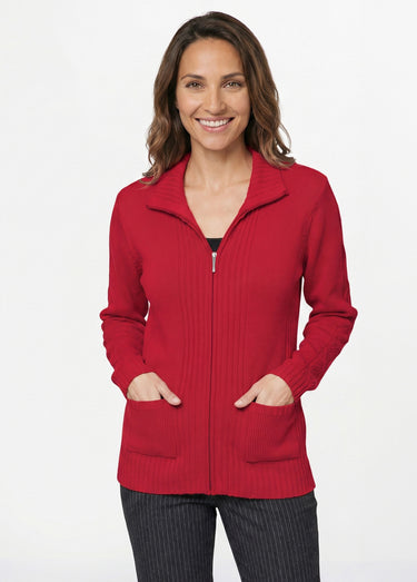 Gilet zippé uni mi-long maille épaisse Framboise
