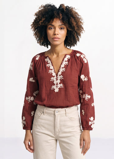 Blouse voile coton et broderies fleurs Bordeaux