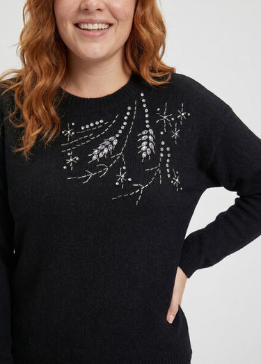 Pull doux col rond avec strass et sequins Noir