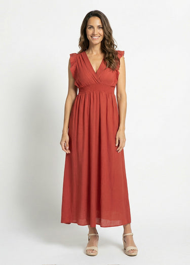 Robe longue encolure V + dos nu et liens Brique