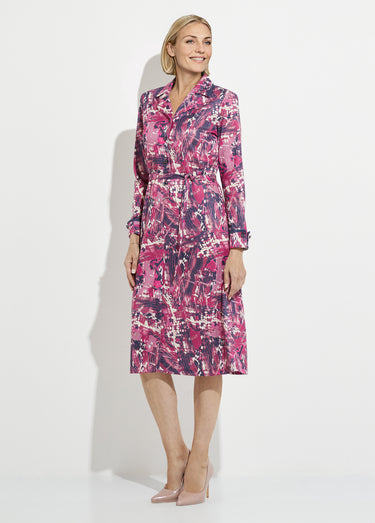Robe boutonnée col tailleur mi longue imprimée Rose/Marine