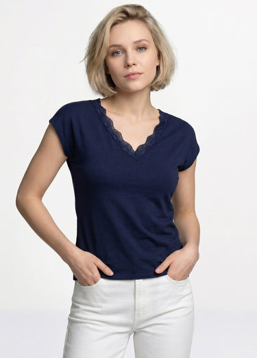 T-shirt court extensible dentelle Marine