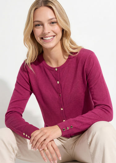 Gilet fin col rond boutonné jersey uni avec laine mérinos Cassis