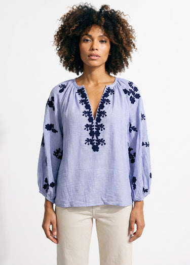 Blouse voile coton et broderies fleurs Bleu
