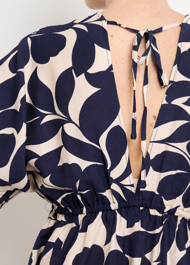 Robe courte à motif, col V devant et dos Marine/Ecru