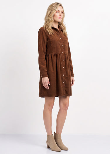 Robe chemisier en velours taille plissée Camel