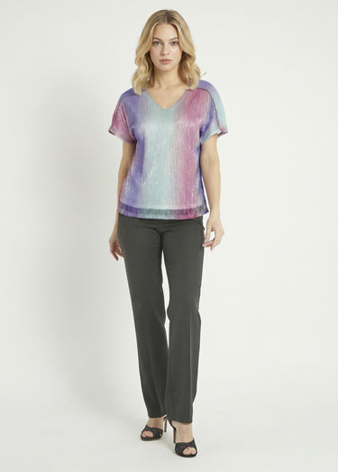 T-shirt court brillant col V effet plissé Rose/Aqua