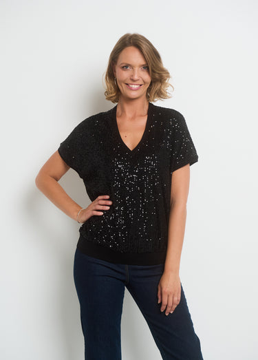 T-shirt col V en résille avec sequins Noir Uni