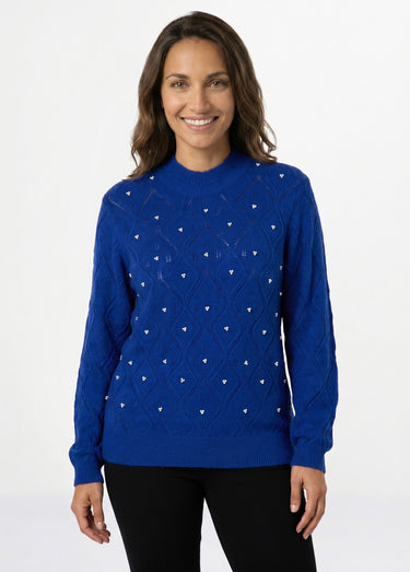 Pull doux ajouré perlé col montant Bleu