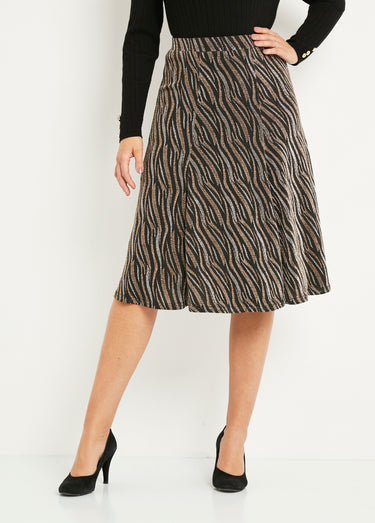 Jupe évasée mi longue maille brilante jacquard Noir/Cuivre