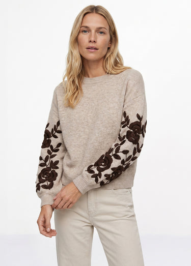 Pull col rond manches longues brodées Beige