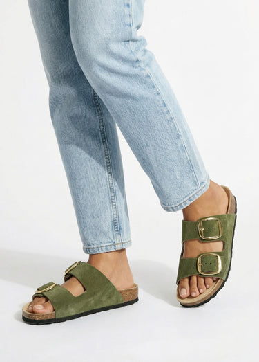 Mules ergonomiques compensées cuir à boucles Kaki