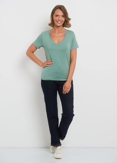 T-shirt fluide col V manches courtes Vert Clair
