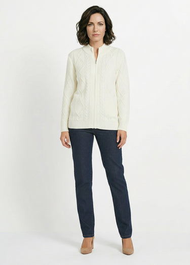 Gilet zippé chaud col montant torsades Ecru