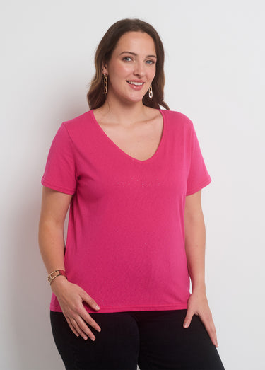 T-shirt maille pailletée manches courtes Fuchsia