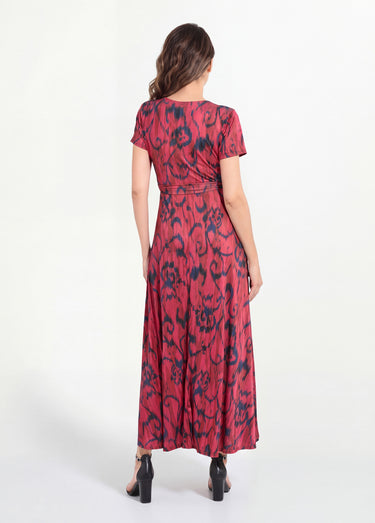Robe longue, col V cache-cœur ceinturée Noir/Rouge