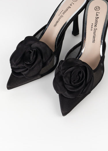 Mules chic fleur tissu Noir