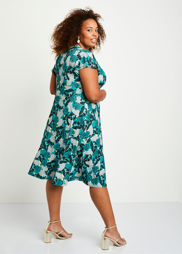 Robe courte cache-coeur motif végétal Vert/Rose