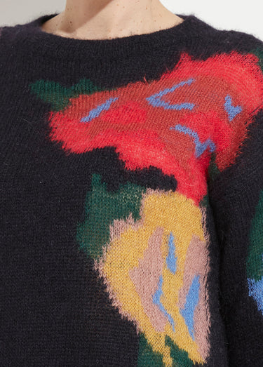 Pull col rond avec mohair jacquard fleuri Marine/Tomette