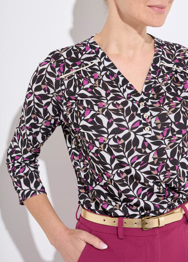 T-shirt court col V manches 3/4 imprimé feuilles Ecru/Rose