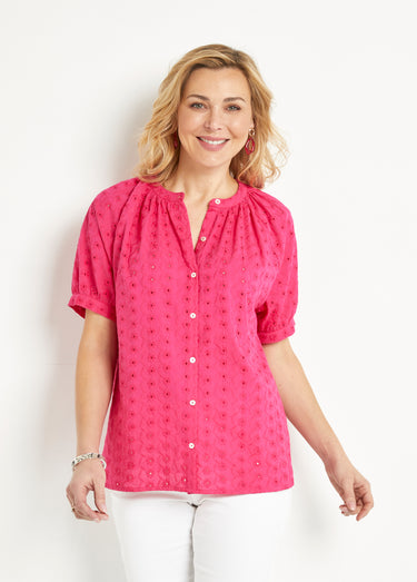 Chemisier ample coton brodé sans col Fuchsia