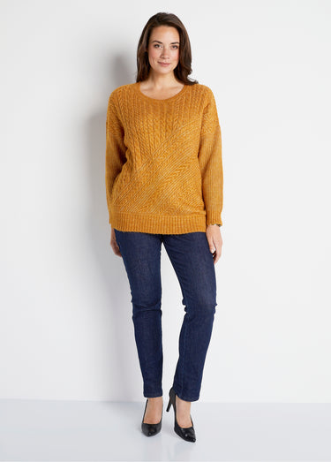 Pull maille chinée perlée torsadée col rond Miel