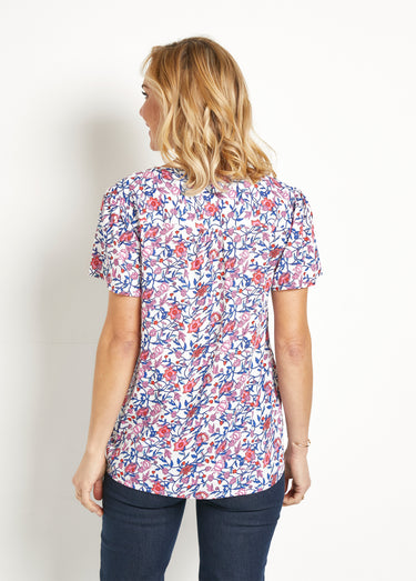 Chemisier fleuri col V manches courtes Bleu/Rose