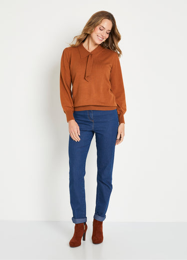 Pull fin col cravate mélange laine Caramel