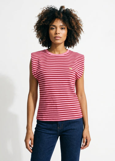 T-shirt maille fantaisie, broderie coeur Rose/Rouge