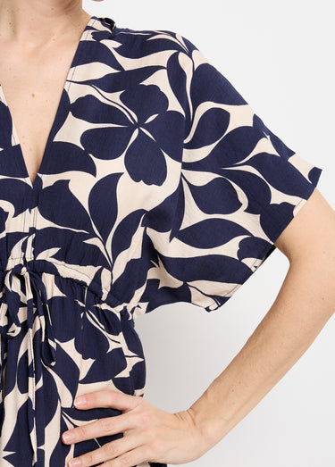 Robe courte à motif, col V devant et dos Marine/Ecru