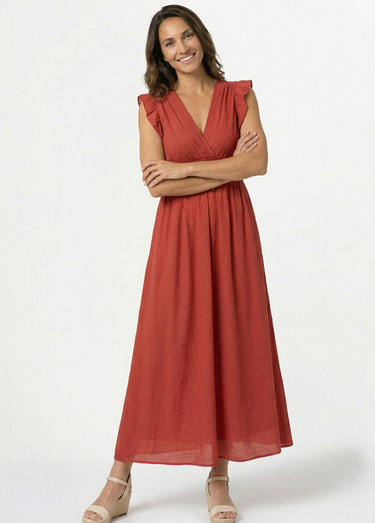 Robe longue encolure V + dos nu et liens Brique
