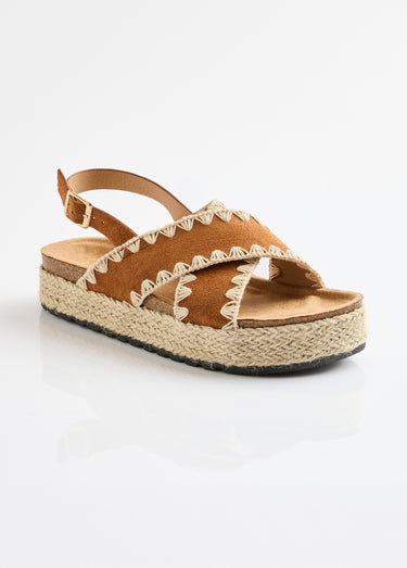 Sandales compensées talon corde Camel