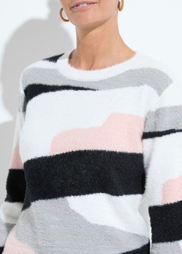 Pull jacquard graphique maille poilue col rond Ecru/Rose